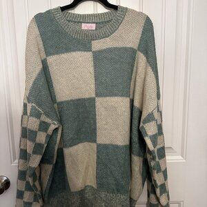 Textured Knit Sweater in Green and Cream